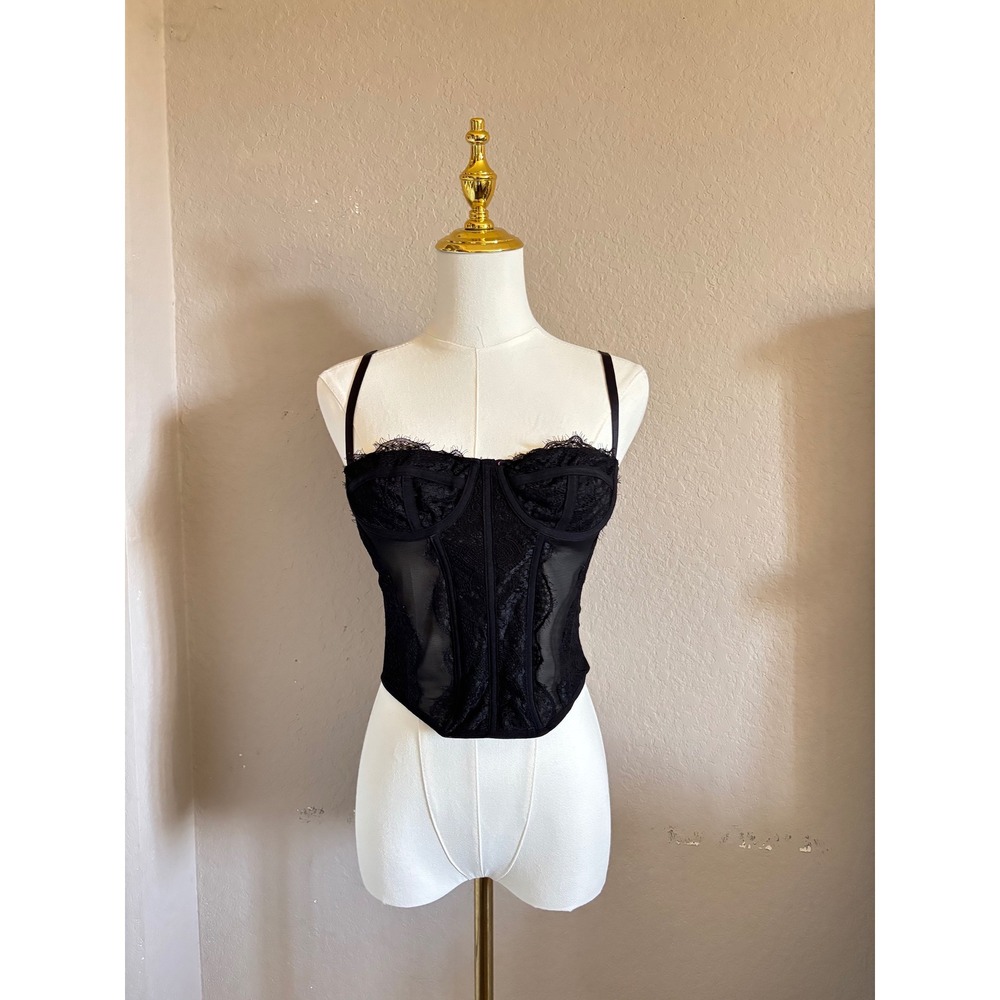 Drita Black Lace Corset Top Underwire Bustier Sheer Mesh Hook Eye Back Small